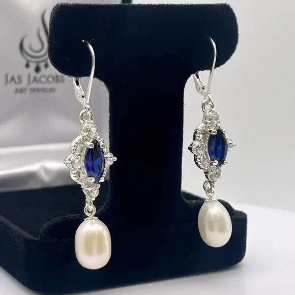Genuine Pearls & Sapphire Earrings Sterling Silver Drop Dangle Pearl Earrings - Picture 2 of 3